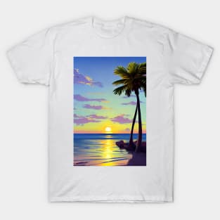 Summer Sunset Palm Tree Beach Ocean Artistic Paradise Landscape T-Shirt